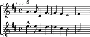 \new ChoirStaff <<
\new Staff \relative a' { \key d \major \time 4/4 \mark \markup \tiny { ( \italic a ) }
a4.^\markup \bold "S" a8 d,4 g ~ | g fis e2 | fis4 s }
\new Staff \relative e'' { \key d \major
e4.^\markup \bold "A" e8 a,4 d ~ d cis b2 | a } >>
