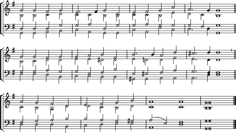 
\new ChoirStaff <<
  \new Staff { \clef treble \time 4/2 \key g \major \set Staff.midiInstrument = "church organ" \omit Staff.TimeSignature \set Score.tempoHideNote = ##t \override Score.BarNumber  #'transparent = ##t \override Staff.NoteHead.style = #'altdefault
  \relative c''
  << { g2 g fis g | e2. fis4 g2 d | e fis g c | a2. g4 g1 \bar"||" \break
       g2 g fis g | g a b fis | b2. b4 a2 d | cis2. d4 d1 \breathe \bar"||" \break
       a2 g fis d | e fis g b | a1 a | g \breve  \bar"|." } \\
  { b,2 b c d | c c b b | c c b e | d c b1 |
    b2 c d d | e e dis dis | e d! d fis | e2. d4 d1 |
    c2 b a d | d c b d | c1 c | b \breve } >>
  } 
\new Staff { \clef bass \key g \major \set Staff.midiInstrument = "church organ" \omit Staff.TimeSignature \override Staff.NoteHead.style = #'altdefault
  \relative c
  << { d2 d d g | g a d, g | g a g g | g fis g1 |
       g2 g a g | g e fis b | e, eis fis a | g2. fis4 fis1 |
       fis2 g a b | b a g gis | a( e) fis1 | g \breve } \\
  { g,2 g a b | c a g g | c a e' c | d2. d4 g,1 |
    e'2 e d b | c c b b | gis gis a a | a2. d4 d1 |
    d2 d d b | c d e e | a,1 d | g, \breve } >>
  } 
>>
\layout { indent = #0 }
\midi { \tempo 2 = 69 }
