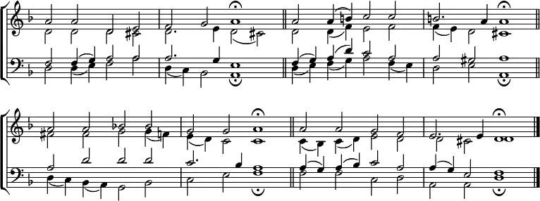 \new ChoirStaff <<
\new Staff { \clef treble \time 4/2 \key d \minor \set Staff.midiInstrument = "church organ" \omit Staff.TimeSignature \set Score.tempoHideNote = ##t \override Score.BarNumber #'transparent = ##t
\relative c''
<< { a2 a d, e | f g a1 \fermata \bar"||" a2 a4( b) c2 c | b2. a4 a1 \fermata \bar"||" \break
a2 a bes! bes | g g a1 \fermata \bar"||" a2 a g f | e2. e4 d1 \fermata \bar"|." } \\
{ d2 d d cis | d2. e4 d2( cis) | d d4( f) e2 f | f4( e) d2 cis1 |
fis2 fis g g4( f) | e( d) c2 c1 | c4( bes) c( d) e2 d | d cis d1 } >>
}
\new Staff { \clef bass \key d \minor \set Staff.midiInstrument = "church organ" \omit Staff.TimeSignature
\relative c
<< { f2 f4( g) a2 a | a2. g4 e1 | f4( g) a( d) c2 a | a gis a1 |
a2 d d d | c2. bes4 a1 | a4( g) a( bes) c2 a | a4( g) e2 f1 } \\
{ d2 d4( e) f2 a | d,4( c) bes2 a1 \fermata | d4( e) f( g) a2 f4( e) | d2 e a,1 \fermata |
d4( c) bes( a) g2 bes | c e f1 \fermata | f2 f c d | a a d1 \fermata } >>
}
>>
\layout { indent = #0 }
\midi { \tempo 2 = 54 }