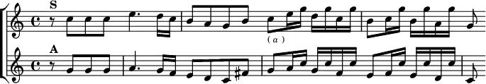 \layout {
\context { \Score \remove "Timing_translator" \remove "Default_bar_line_engraver" }
\context { \Staff \consists "Timing_translator" \consists "Default_bar_line_engraver" } }
\header { tagline = ##f }
\score { \new ChoirStaff <<
\new Staff \relative c'' { \key c \major \time 4/4
r8^\markup \bold "S" c c c e4. d16 c | b8 a g b
c_\markup \tiny { (\italic "a") } e16 g d g c, g' |
b,8 c16 g' b, g' a, g' g,8 }
\new Staff \relative g' { \key c \major \partial 2
r8^\markup \bold "A" g g g | a4. g16 f e8 d c fis |
g a16 c g c f, c' e,8 f16 c' e, c' d, c' | c,8 } >>}