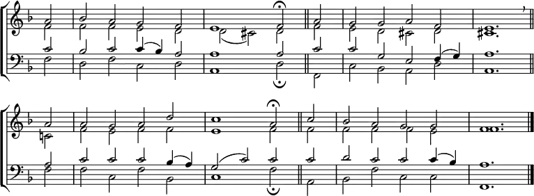 
\new ChoirStaff <<
  \new Staff { \clef treble \time 4/2 \key f \major \partial 2 \set Staff.midiInstrument = "church organ" \omit Staff.TimeSignature \set Score.tempoHideNote = ##t \override Score.BarNumber  #'transparent = ##t 
  \relative c''
  << { a2 | bes a g f | e1 f2 \fermata \bar"||" a | g g a f | e1. \breathe \bar"||" \break
     a2 | a g a d | c1 a2 \fermata \bar"||"  c | bes a g g | f1. \bar"|." } \\
  { f2 | f f e d | d( cis) d f | e d cis d | cis1.
  c!2 f e f f | e1 f2 f | f f f e | f1. } >>
  }
\new Staff { \clef bass \key f \major \set Staff.midiInstrument = "church organ" \omit Staff.TimeSignature
  \relative c'
  << { c2 | bes c c4( bes) a2 | a1 a2 c | c g e f4( g) | a1.
     a2 | c c  c bes4( a) | g2( c) c c | d c c c4( bes) | a1. } \\
  { f2 | d f c d | a1 d2 \fermata f, | c' bes a d | a1.
  f'2 | f c f bes, | c1 f2 \fermata a, | bes f' c c | f,1. } >>
  } 
>>
\layout { indent = #0 }
\midi { \tempo 2 = 56 }
