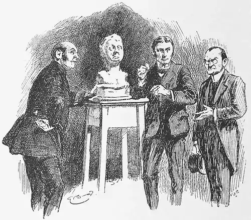 Etching of three men gesturing around a bust on a stand