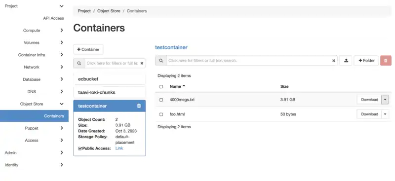 Horizon web interface showing container details of the Object store tab