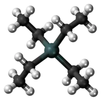 Stick-and-ball model of the tetraethyllead molecule