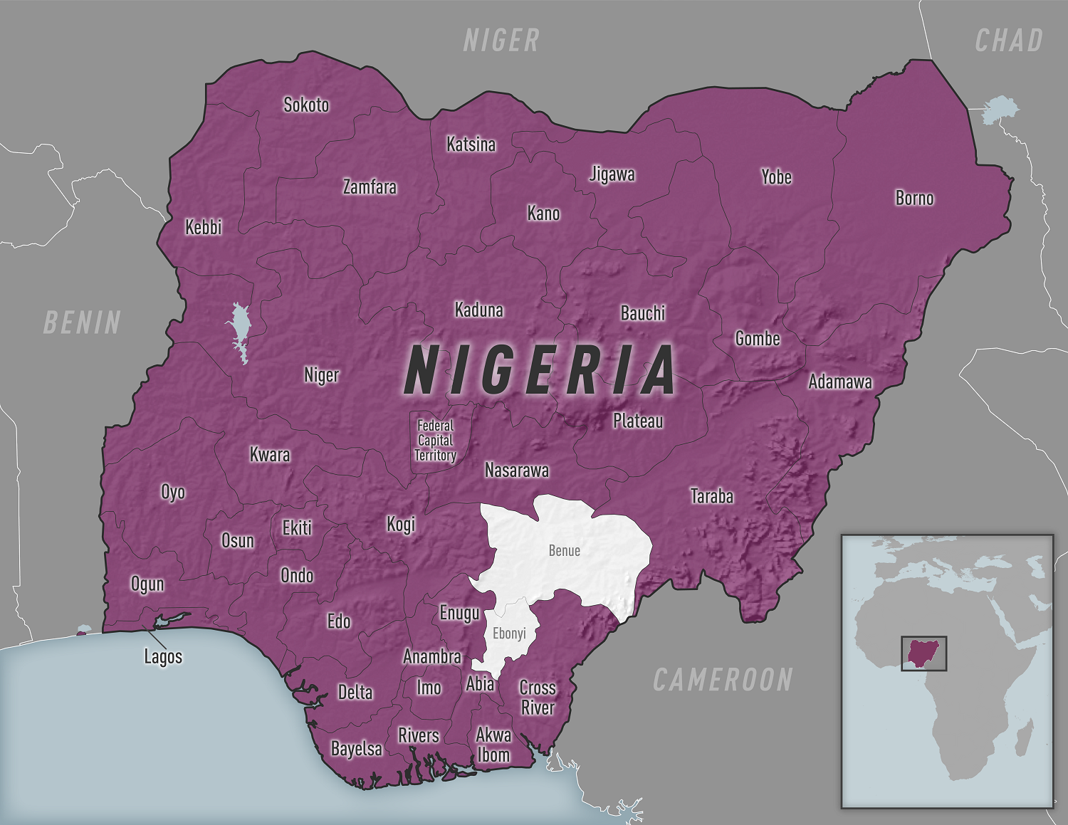 Map: Purple indicates the area of the diphtheria outbreak in Niger